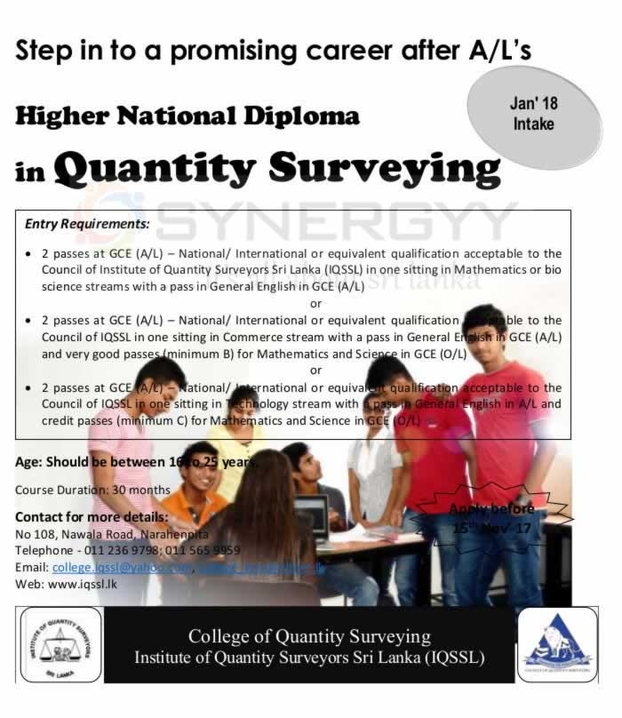 Higher National Diploma in Quantity Surveying by College of Quantity Surveying, Institute of Quantity Surveyors Sri Lanka (IQSSL) – Applications calls now