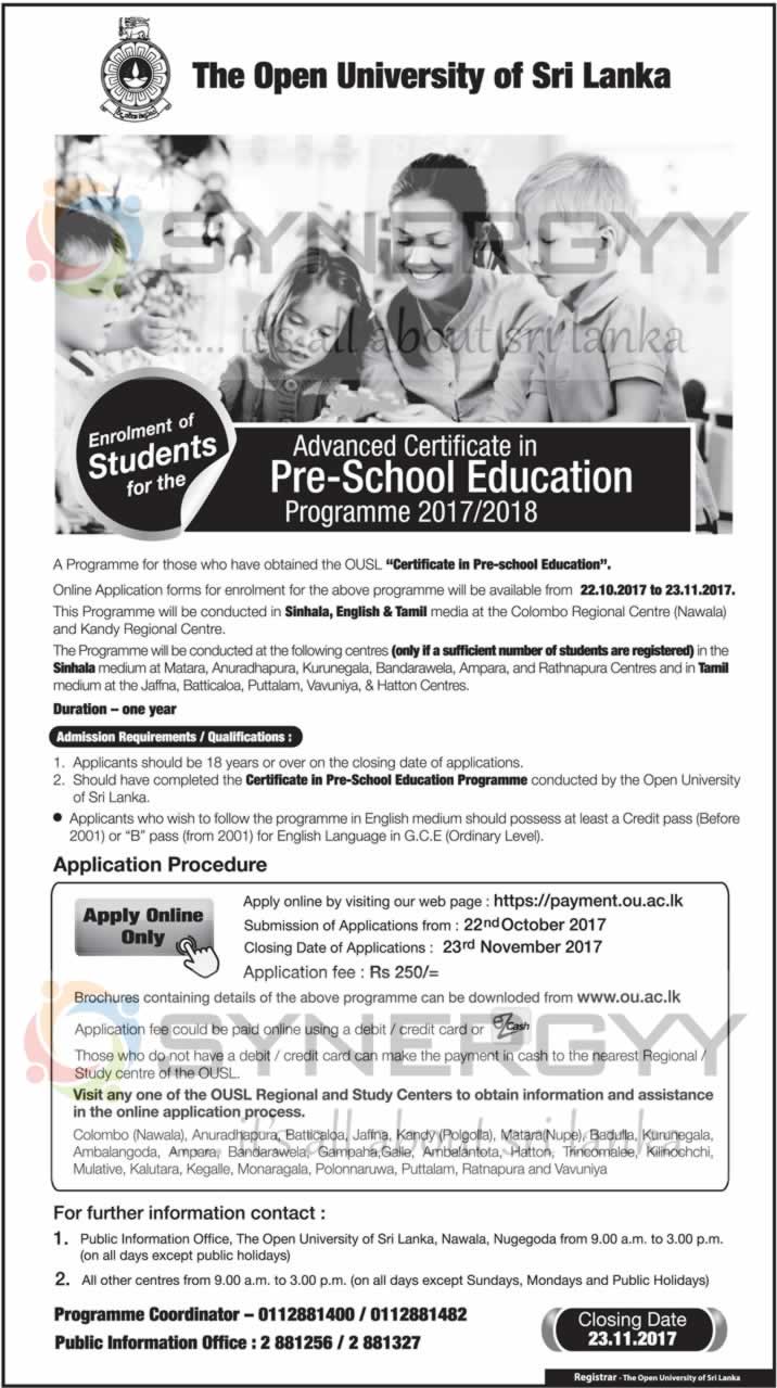 Advanced Certificate in Pre-School Education Programme 2017/2018 by The Open University of Sri Lanka