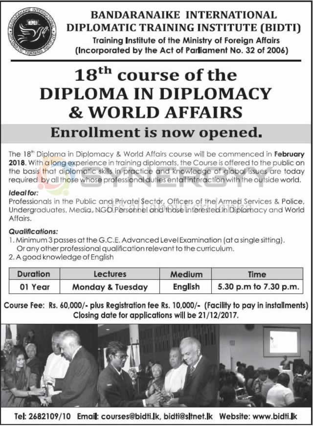 Diploma in Diplomacy & World Affairs by Bandaranaike International Diplomatic Training Institute (BIDTI)