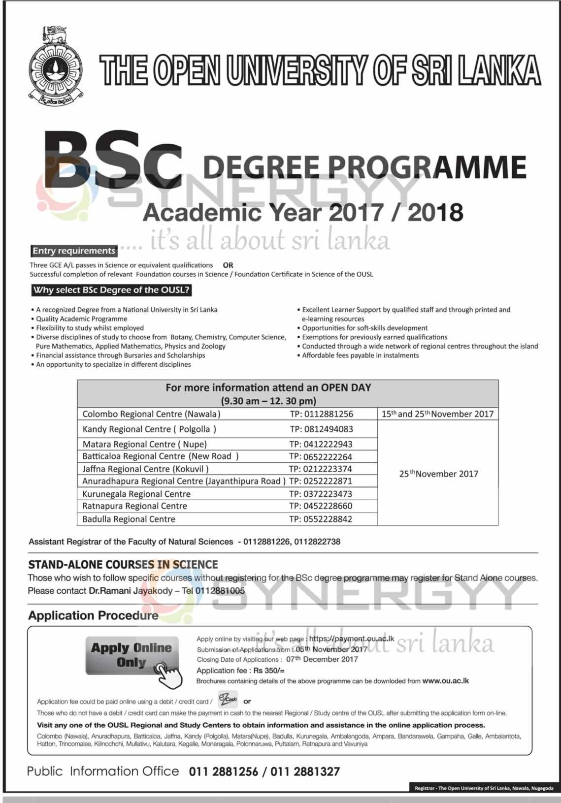 The Open University of Sri Lanka BSc Degree Programme 2017 / 2018 – Applications call now