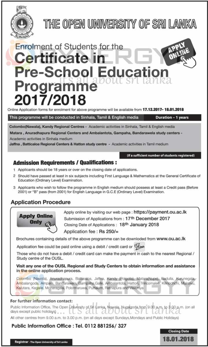 Certificate in Pre-School Education Programme 2017/2018 by The Open University of Sri Lanka