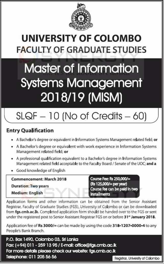Master of Information Systems Management by University of Colombo
