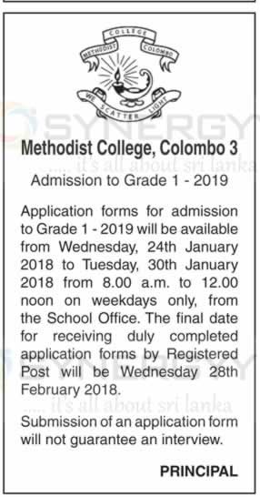 Methodist College, Colombo 3 – Admission to Grade 1 – 2019