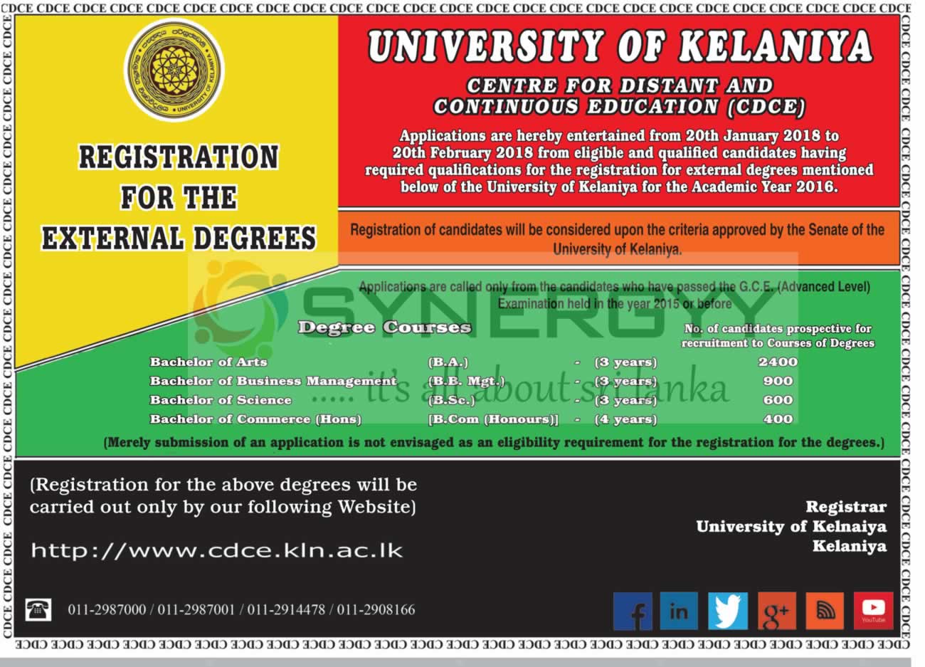 University of Kelaniya – Centre for Distant and Continuous Education (CDCE) External Degree Programme – Application calls now