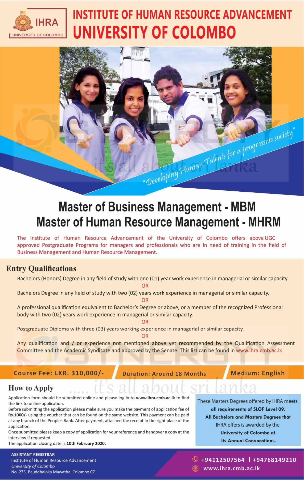 University of Colombo Master of Business Management , Master of Human Resource Management